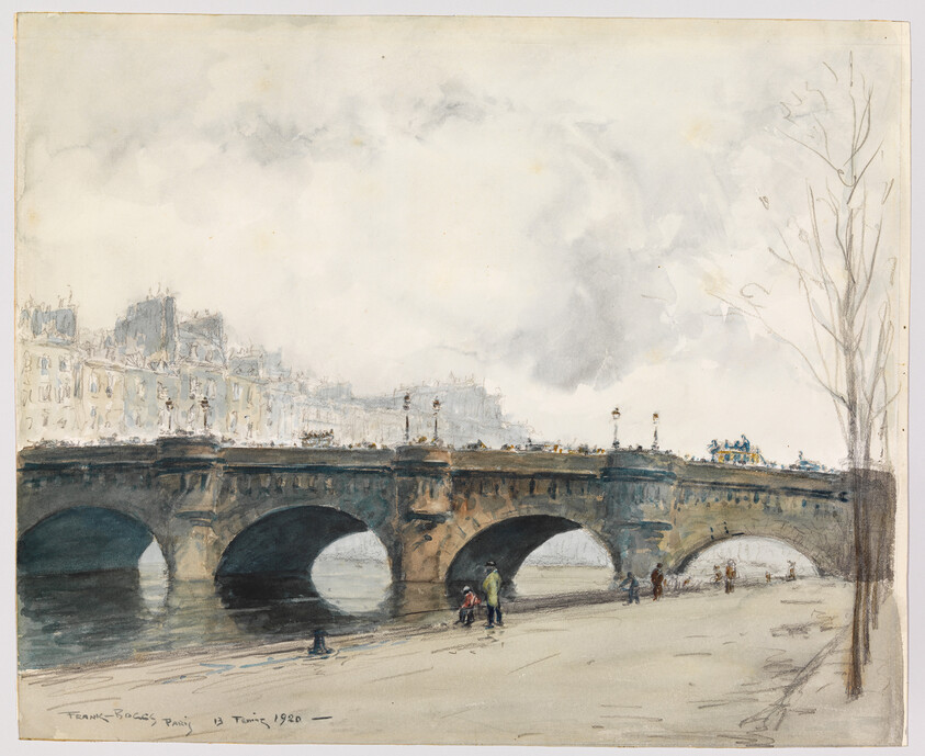 A stone arched bridge over a river with people walking along the riverside under a cloudy sky.