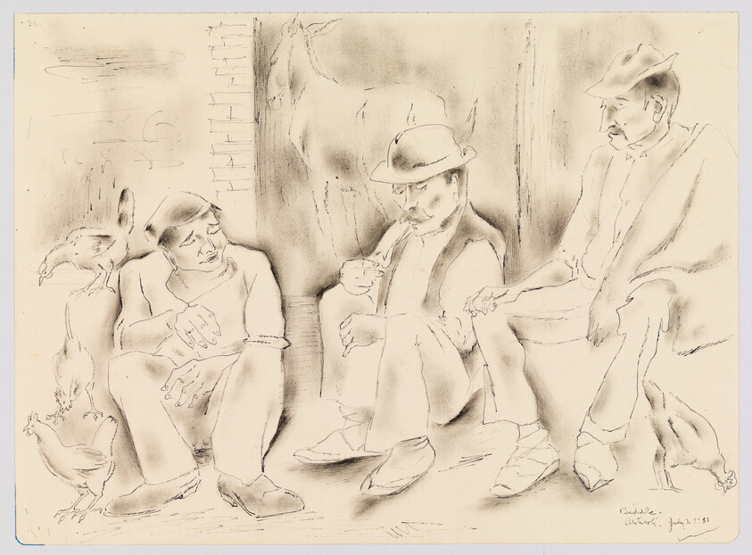 Three men sit together on a stoop with chickens as one man smokes a pipe.