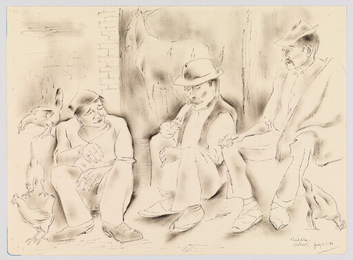 Three men sit together on a stoop with chickens as one man smokes a pipe.