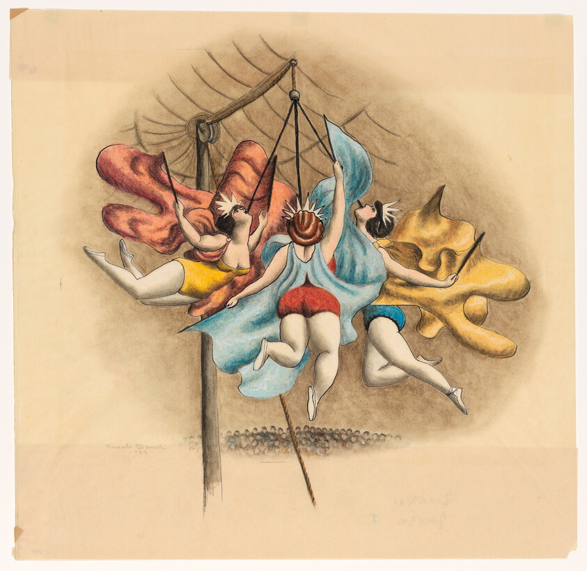 Three acrobats in colorful costumes swing suspended from fabric high above a cheering crowd.