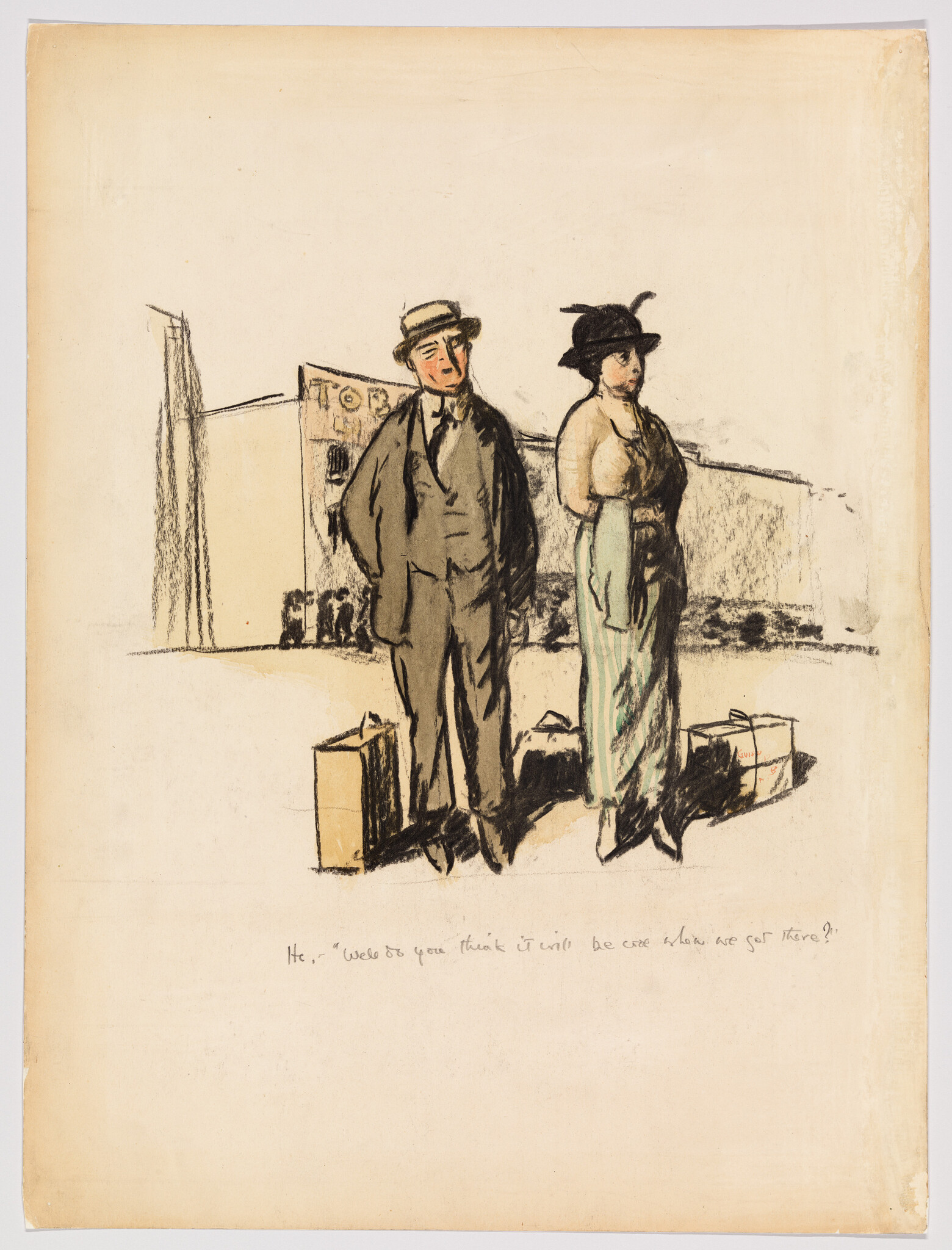A man and woman stand with suitcases outdoors, appearing to wait or contemplate their journey.