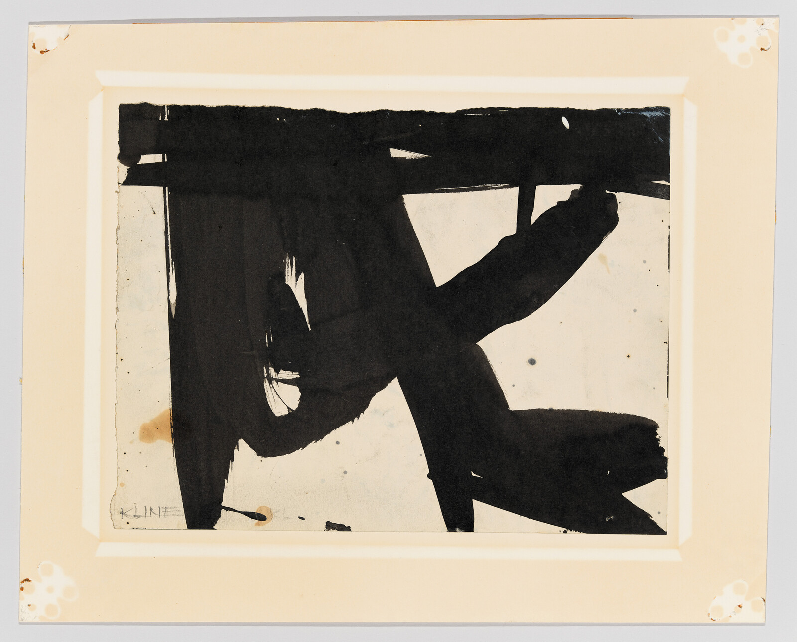 Bold black brushstrokes create an abstract X-shaped composition on white paper framed by a beige mat.