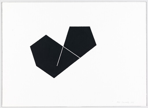 Two irregular black geometric shapes connected by thin white lines on a white background.
