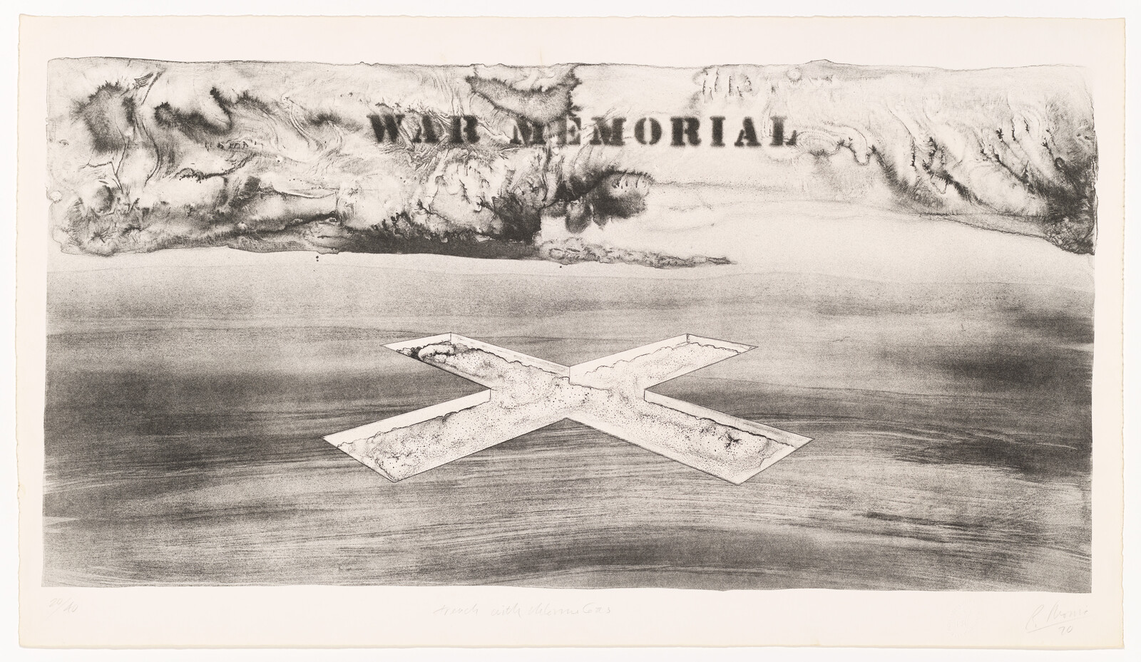 This is a black and white etching featuring a textured, abstract landscape with the words "WAR MEMORIAL" prominently displayed in the sky. In the foreground, there is a stylized, flat, X-shaped figure, resembling a fallen or embedded monument, set against a dark, sweeping background that suggests a vast, open space. The artwork has handwritten inscriptions at the bottom, indicating the title, edition number, and artist's signature with the year '70.