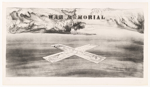 Large cross-shaped trench floats over textured landscape beneath the stenciled words "War Memorial".