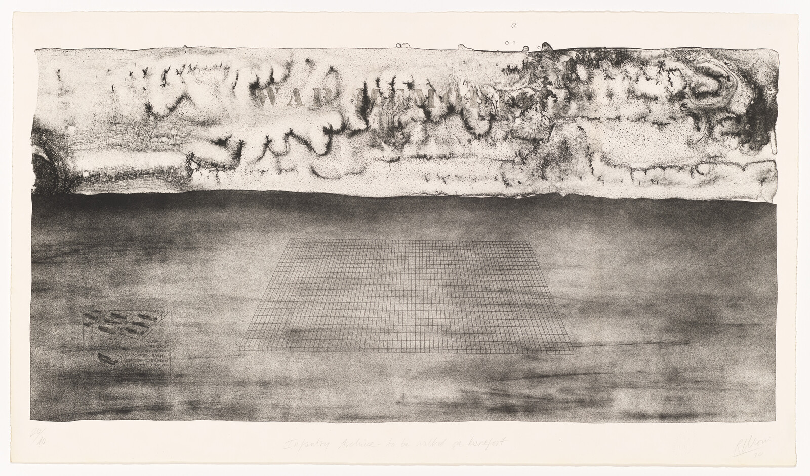 A monochromatic etching featuring an abstract landscape with a textured upper half that resembles a corroded wall with the word "WAR" faintly visible. Below is a dark, shadowy field with a grid pattern overlaying it, and a group of small, indistinct shapes that could be interpreted as figures or debris. The bottom of the image includes handwritten text that reads "Waiting behind to be called on target" and is signed and dated by the artist.