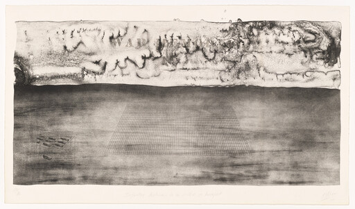 A faded rectangular wire grid floats above a dark textured landscape under a cloudy band.