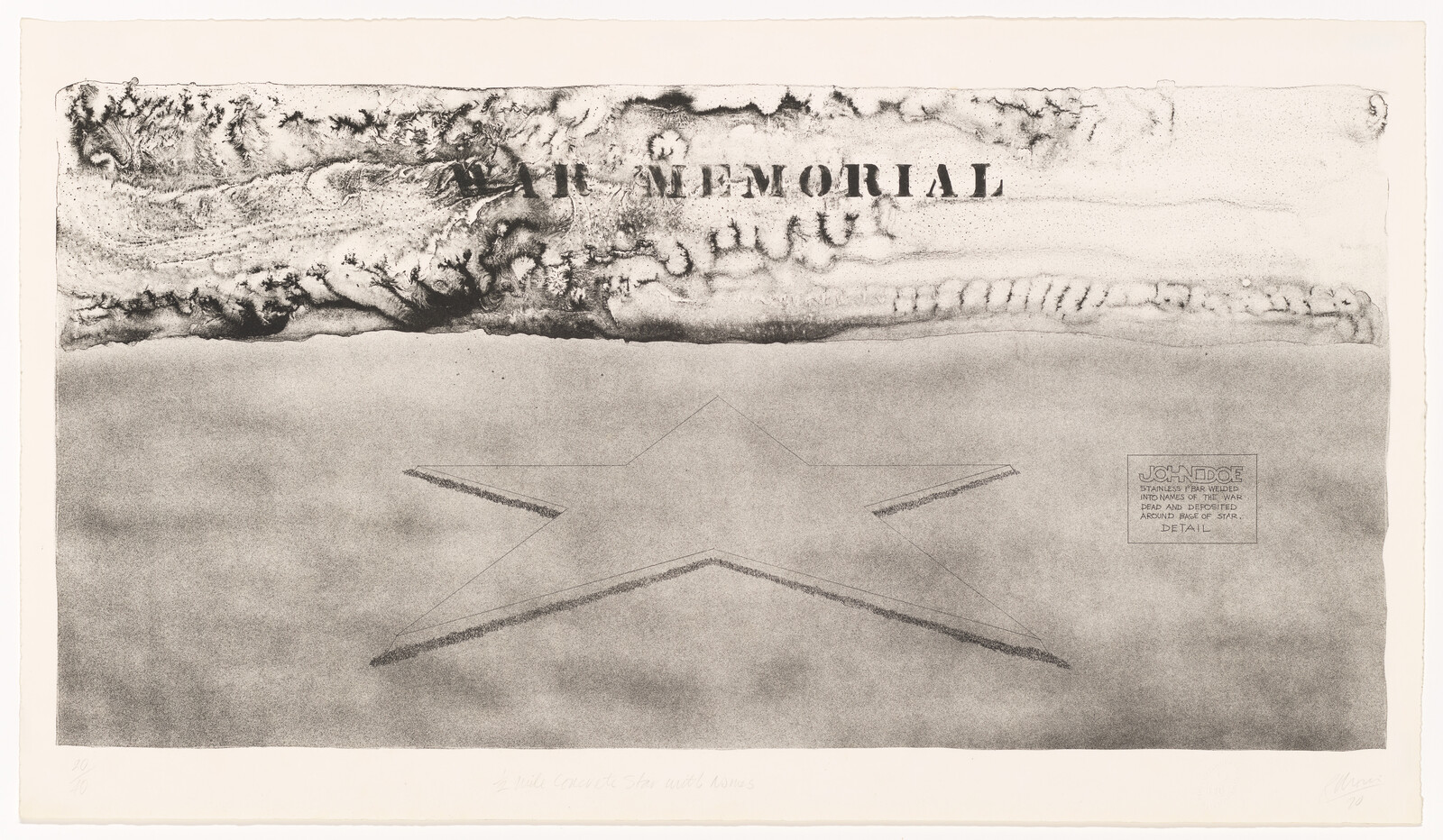 A monochromatic etching featuring a textured upper section with the words "IN MEMORIAL" and a lower section depicting a faint, geometric star with lines extending from its points. A small, detailed text box in the lower right corner appears to contain information about the artwork. The piece conveys a somber, reflective tone.