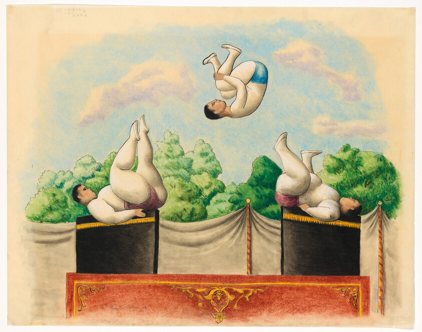 Three acrobats in white outfits performing backward somersaults above padded platforms against a sky.