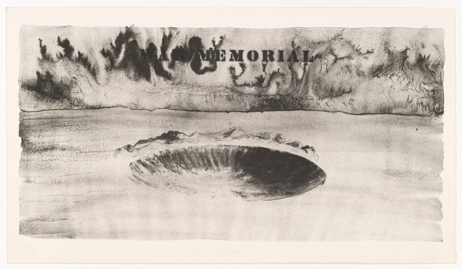 A monochromatic etching depicting a large, dark crater in the center of a barren landscape with the word "MEMORIAL" written in the sky above. The scene conveys a somber and reflective mood, with the crater suggesting a site of remembrance or impact. The artwork is signed and numbered at the bottom, indicating its status as a limited print.