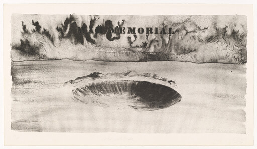 A dark circular crater-like hole in water with the word 'memorial' stenciled above.
