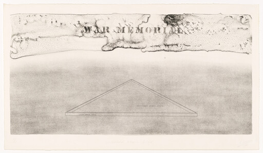 Faded "War Memorial" title above a triangular diagram labeled "scattered atomic waste" and "lead brick wall."