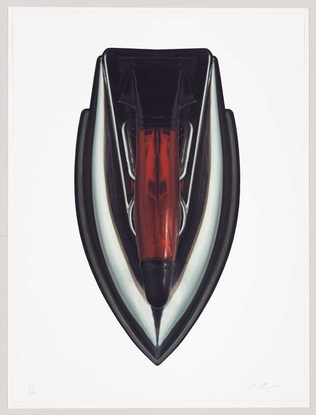 Symmetrical artwork depicting a stylized, abstract design resembling a car's front end with a central red element flanked by black and silver shapes, signed by the artist on the bottom right.