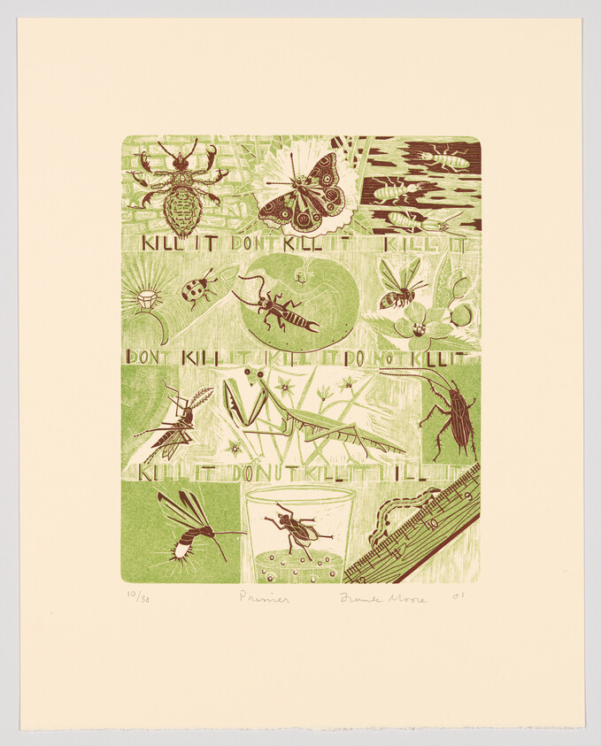 Illustration featuring a collage of insects and natural elements with the phrases "KILL IT" and "DON'T KILL IT" repeated throughout. The artwork includes a variety of bugs, a butterfly, a praying mantis, and a piece of fruit among greenery. There's also a musical score visible at the bottom right. The print is numbered "10/38" and signed by the artists, indicated by the names "Pamela" and "Frank Moore" written at the bottom. The background is a pale yellow.