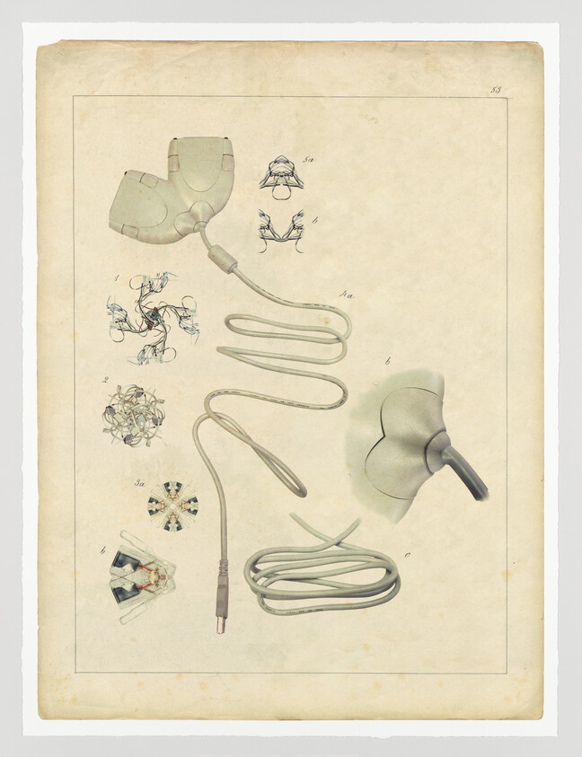 Vintage illustration of an early telephone receiver with separate earpiece and mouthpiece connected by cords, alongside exploded-view diagrams and component sketches on aged paper.