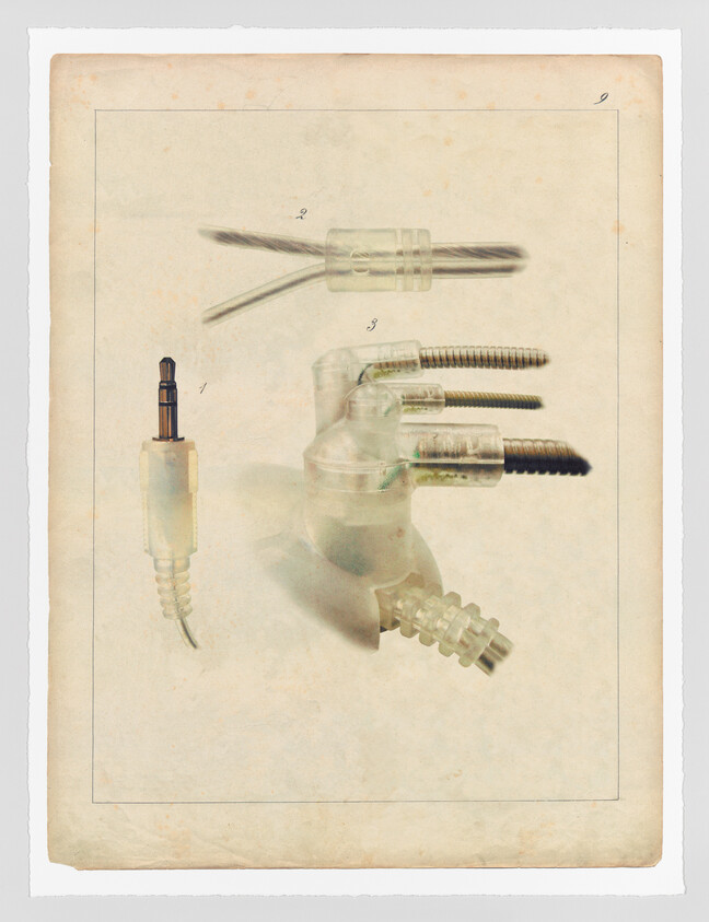 Vintage-style illustration of medical equipment, including a syringe and other tools, on an aged paper background with numbered labels.