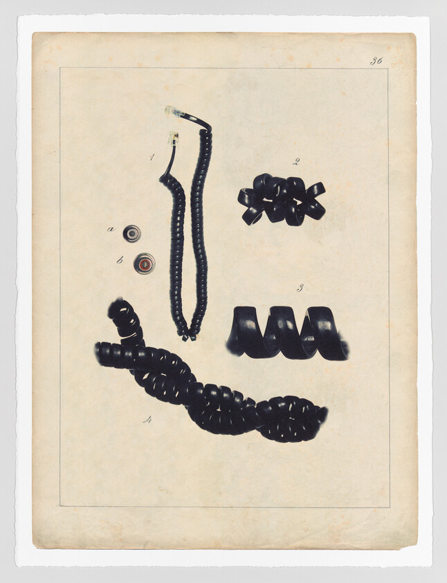 Vintage illustration featuring a collection of black objects including a coiled telephone cord, a bow made of ribbon, and various beads, displayed against an aged paper background with handwritten numbers and letters indicating each item.