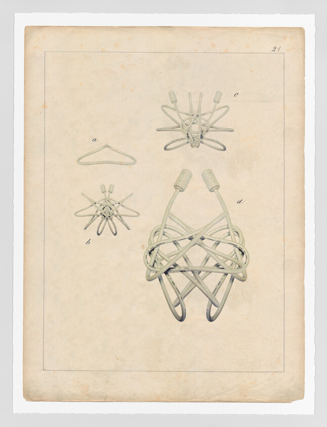 Vintage illustration of various wire puzzles on an aged paper background, including a wire hanger labeled 'a', two complex interlocking wire puzzles labeled 'b' and 'd', and a wire knot puzzle labeled 'c'. Each puzzle is intricately designed and the image has a scientific or patent drawing aesthetic.