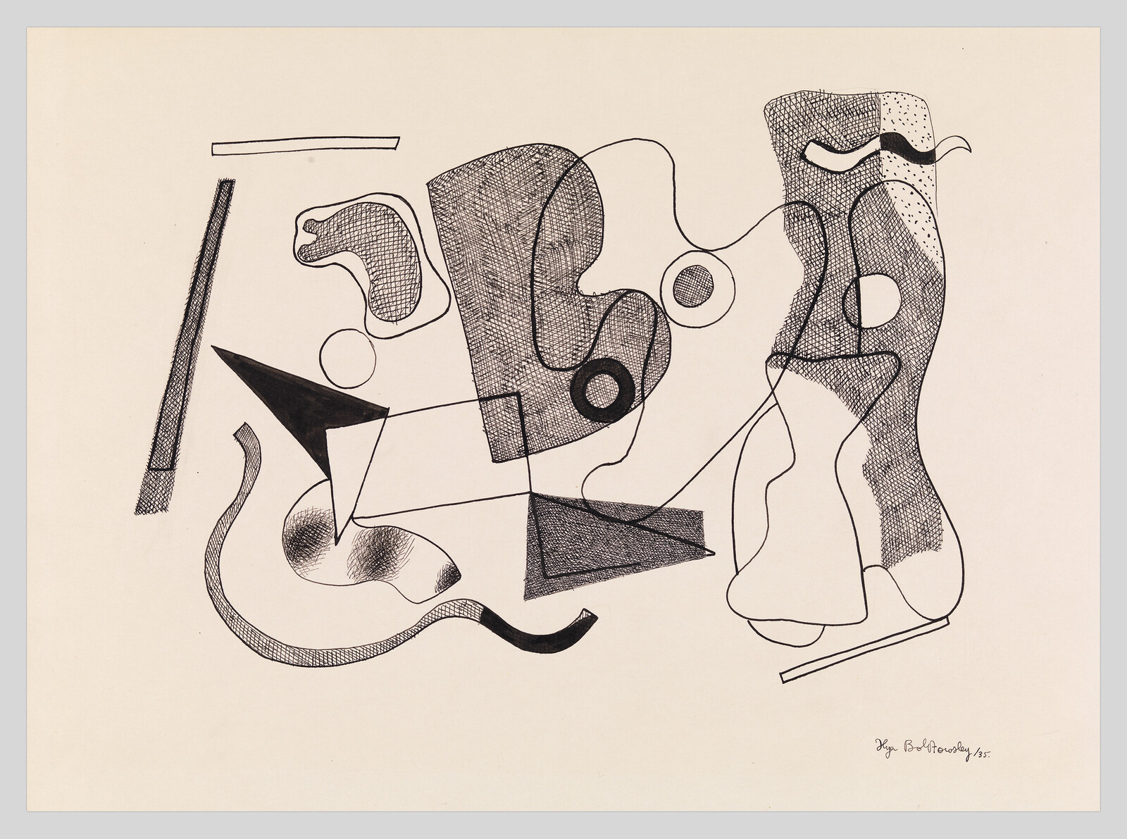 Abstract black ink composition with interconnected geometric and organic shapes, lines, and crosshatched textures.