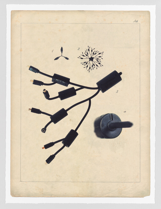 An assortment of electronic cables and adapters is arranged on a vintage-looking paper background. The cables are splayed out, with various connectors visible, including USB and other types. There are handwritten numbers next to each item, suggesting a cataloging or instructional purpose. The paper has a torn edge on the right side and is marked with the number '16' in the top right corner.