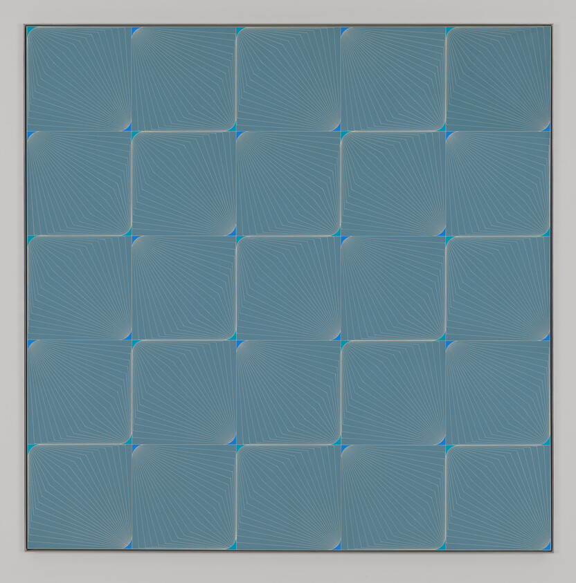 Grid of blue rounded squares with thin radiating lines and small bright corner triangles.