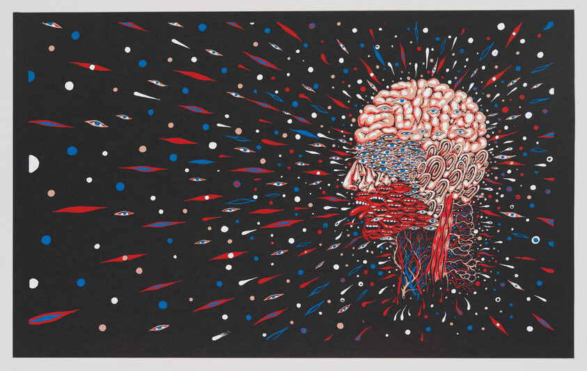 A stylized human head with exposed brain and many eyes radiating colorful shapes outward.