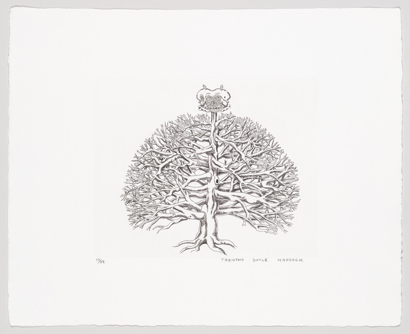 A detailed ink drawing of a tree with dense, symmetrical branches and a small nest-like structure at the top.