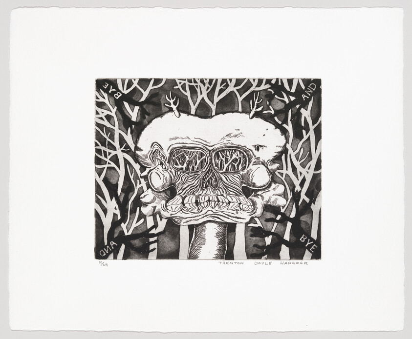 A surreal skull-like face with tree branches in its eye sockets standing against a dark forest.