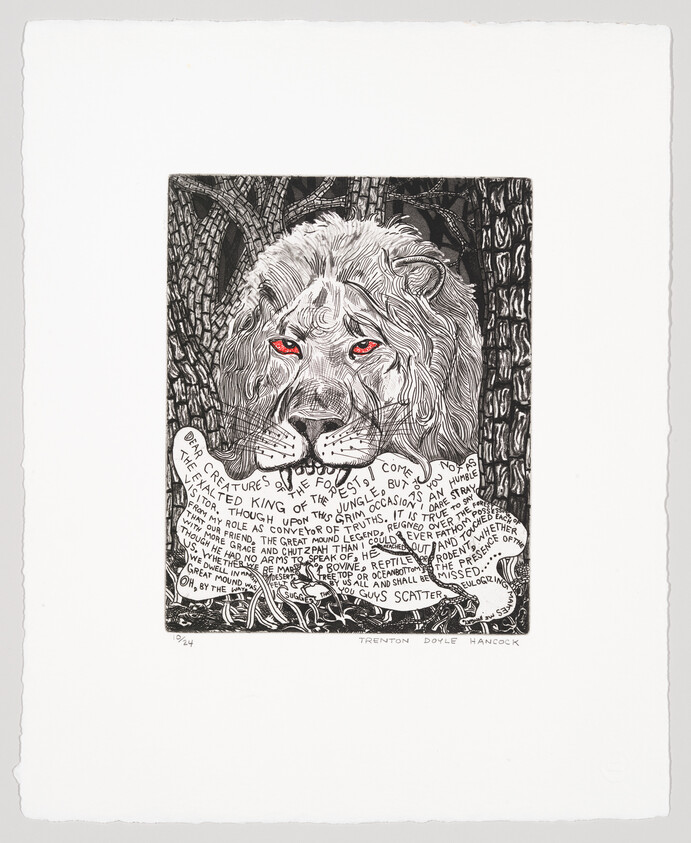 A lion with glowing red eyes stares forward while holding a paper covered in handwritten text.