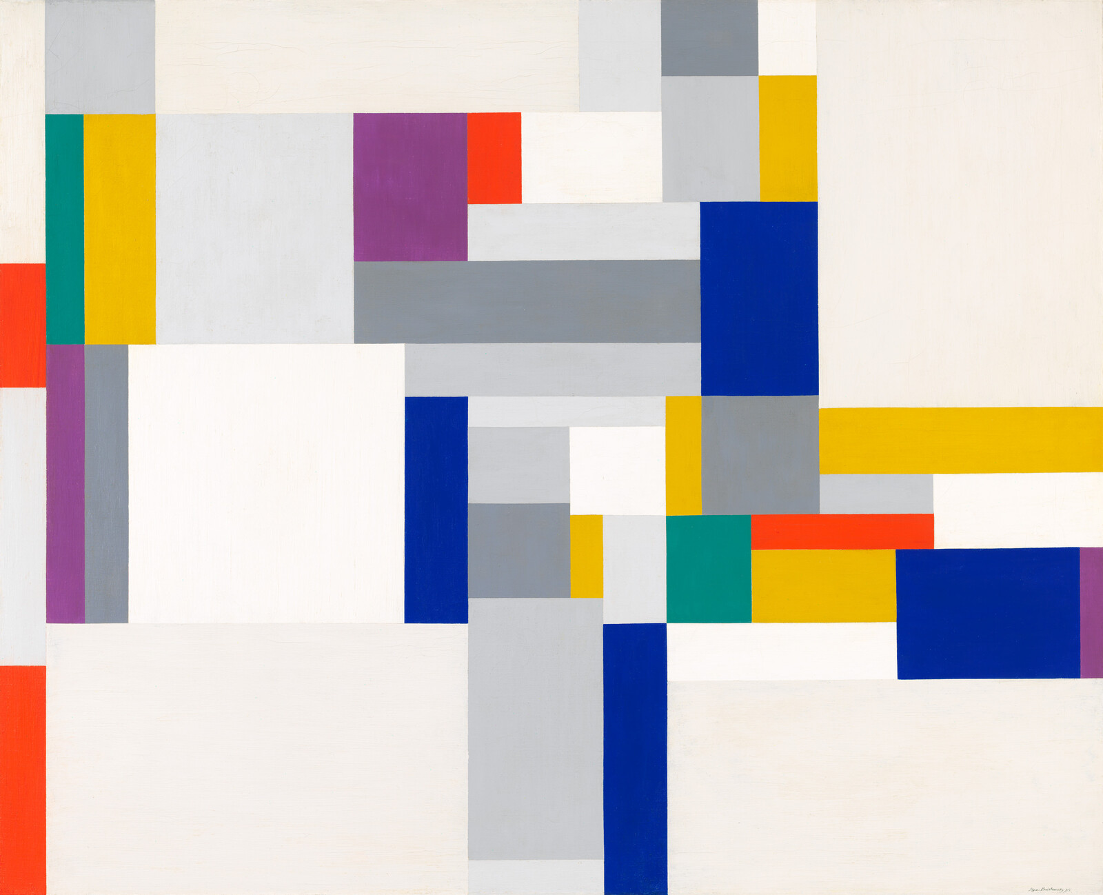 Abstract grid of colored rectangles and squares in white, blue, yellow, gray, red, green, and purple.