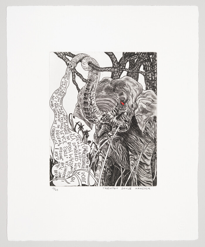 A detailed black-and-white elephant with a red eye raises its trunk beside handwritten text.