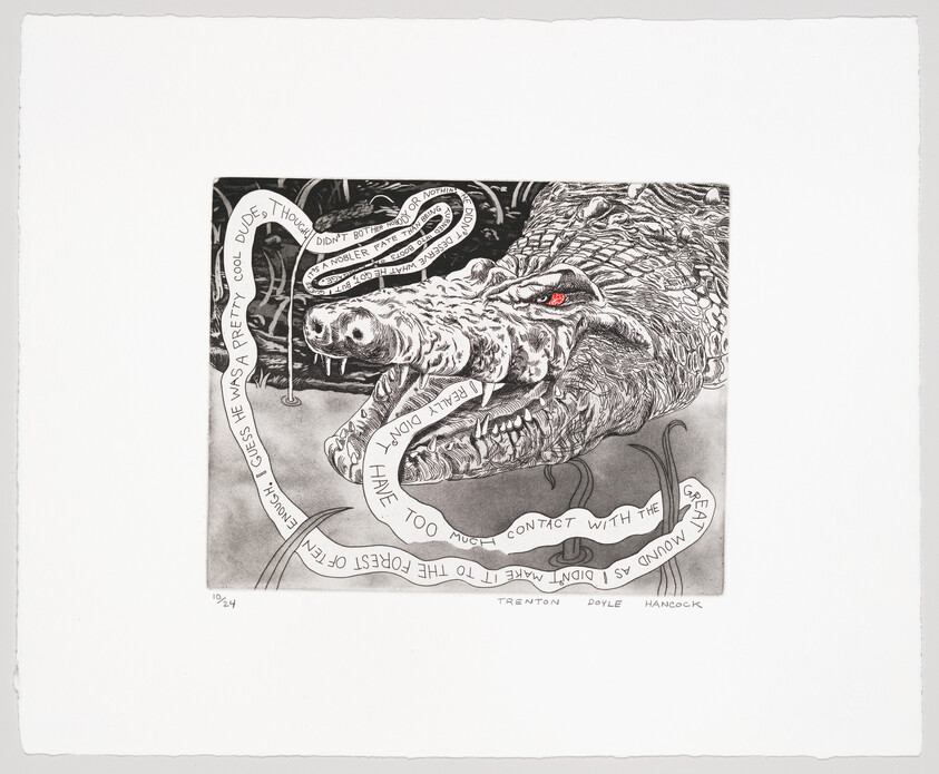 A large alligator with a glowing red eye speaks through winding ribbons of handwritten text.