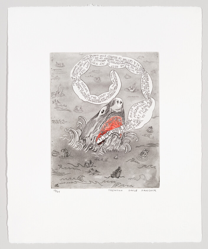 A whale rises from choppy water with a long ribbon of handwritten words flowing from its open mouth.