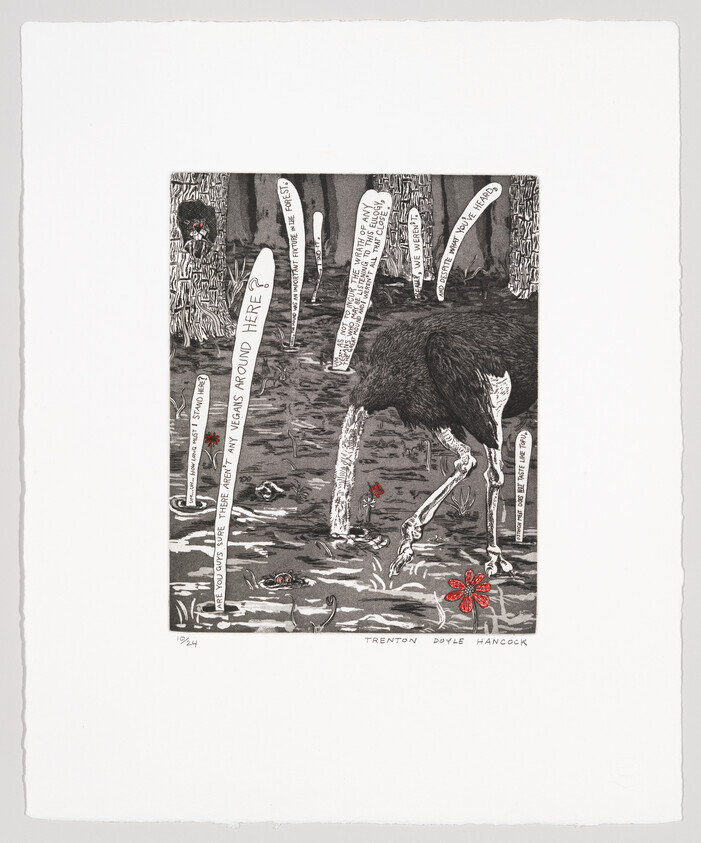 An emu wades in murky water with its head submerged and speech bubbles around.