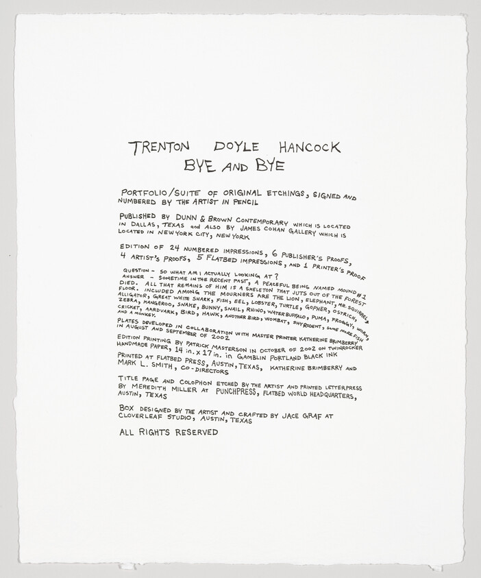 Handwritten title page reading "Trenton Doyle Hancock Bye and Bye" with publication and edition details below.