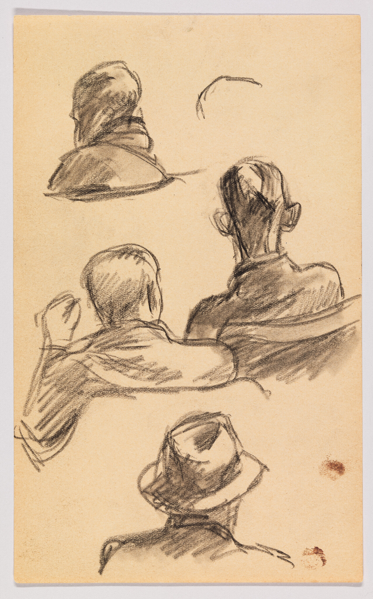 Sketches of four individuals from various angles on a tan paper. The drawings are rendered in a loose, expressive style with charcoal or pencil, capturing the figures in a candid manner. The subjects are not detailed, focusing on the outline and posture rather than facial features. Two stains are visible on the lower part of the paper.
