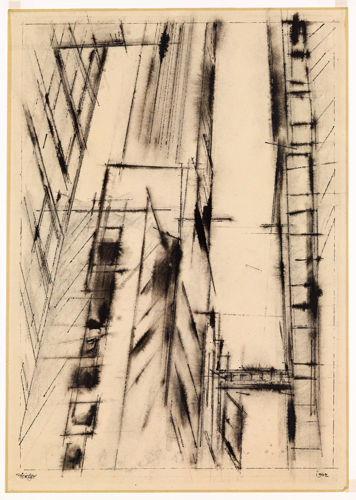 Sketched charcoal view of towering urban buildings with angled scaffolding and vertical lines.