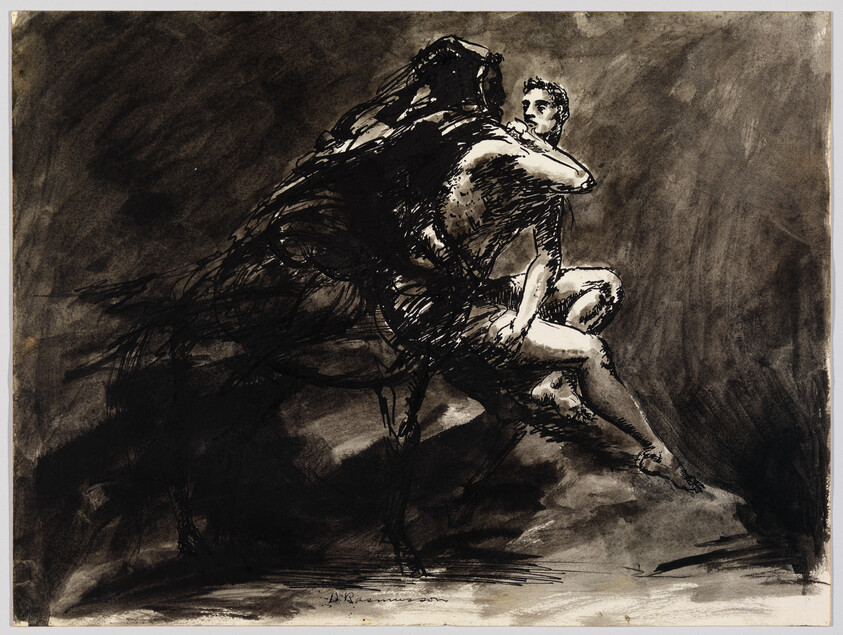 A seated man is embraced by a dark, cloaked figure in a dramatic ink drawing.