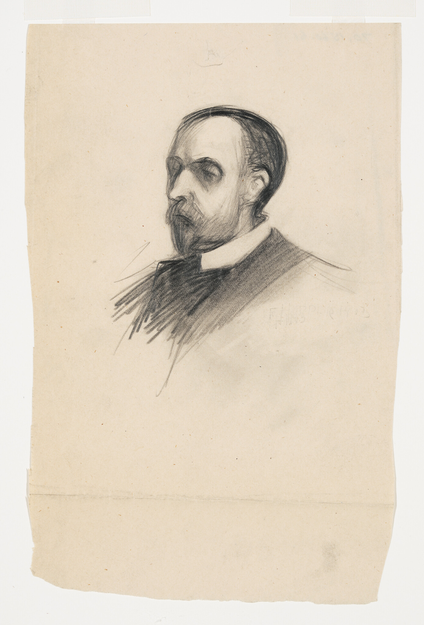 A charcoal portrait sketch of a bearded man in a high collar, looking off to the side.