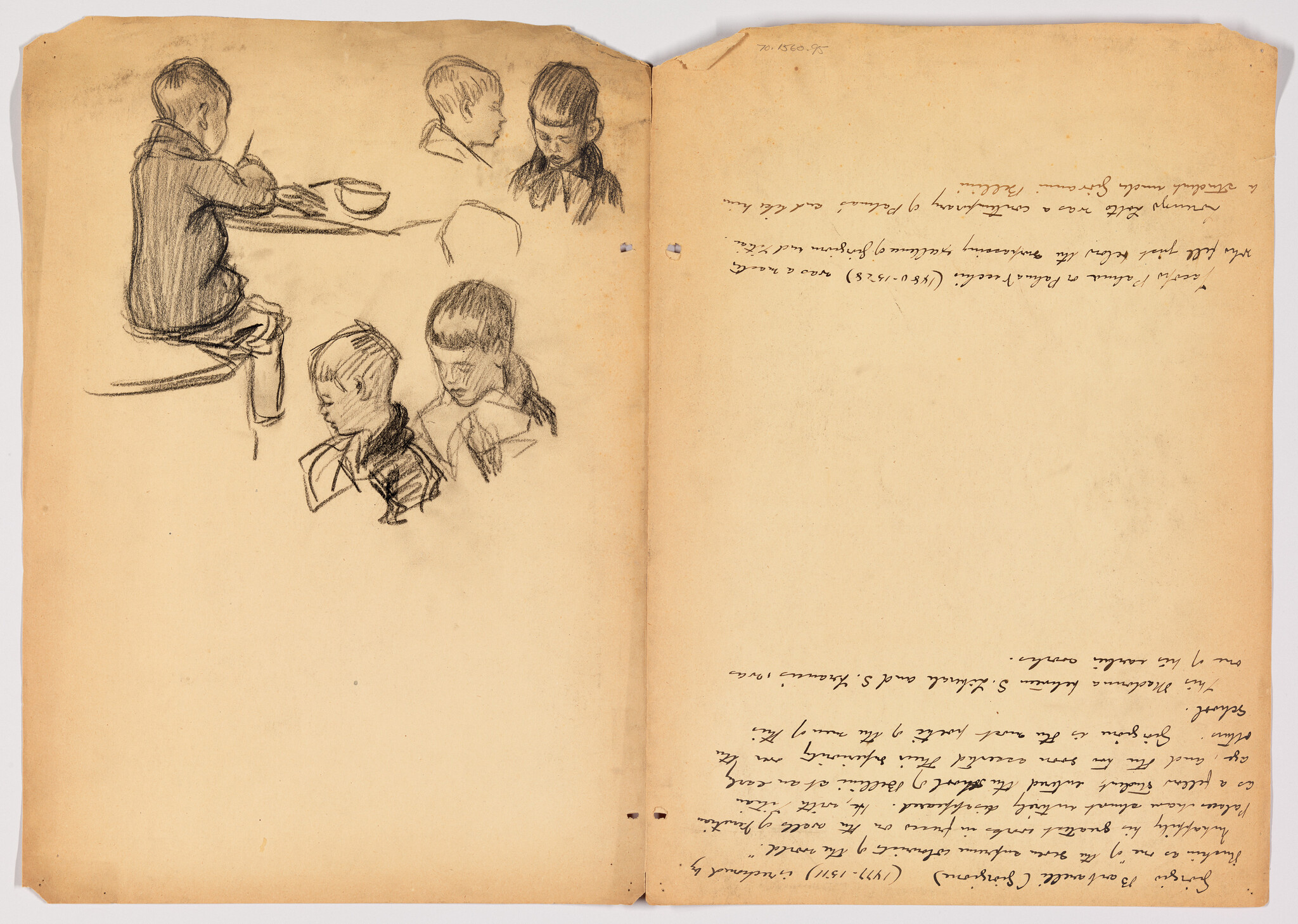 Several charcoal sketches of boys' heads and a seated boy beside handwritten notes on aged paper.