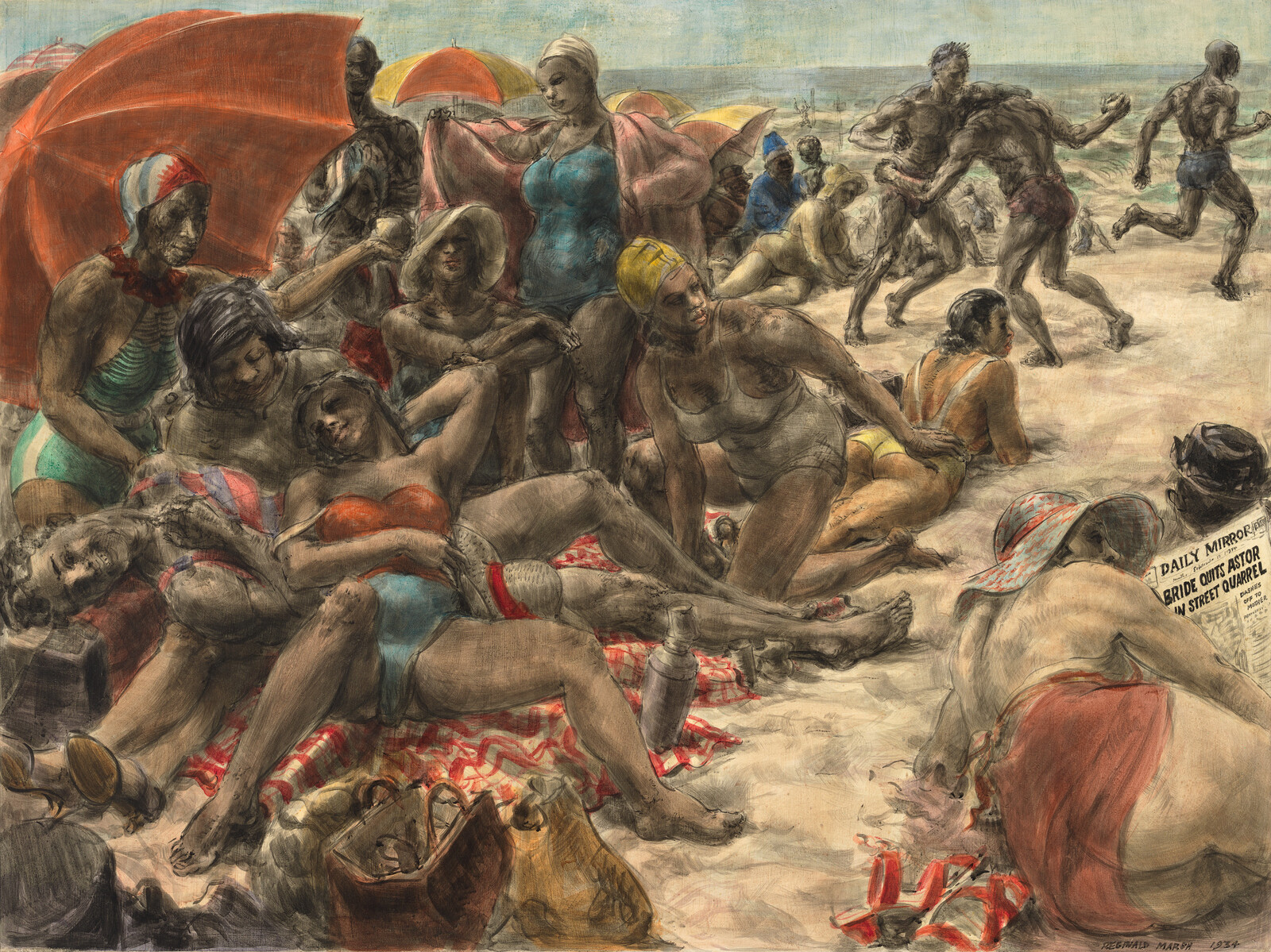 A crowded beach scene with people sunbathing, chatting, and playing by the shoreline.