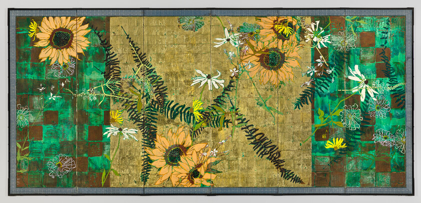 Sunflowers, ferns, and daisies arranged across a green and gold checkerboard decorative panel.