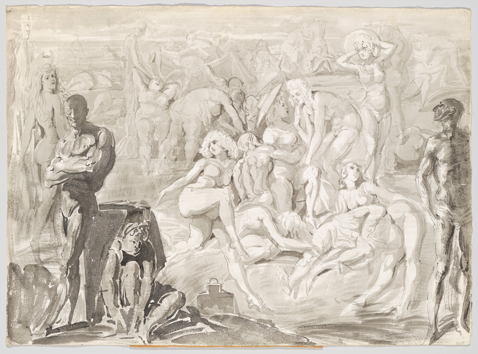 Several nude figures gather and bathe in a crowded pool while two dark standing figures watch.