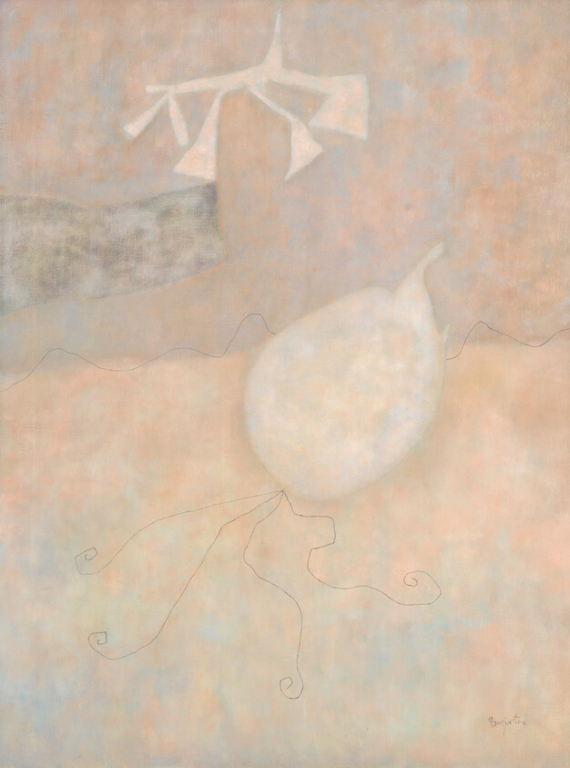 A pale balloon-like form with thin curly tendrils floats above a soft, muted background.