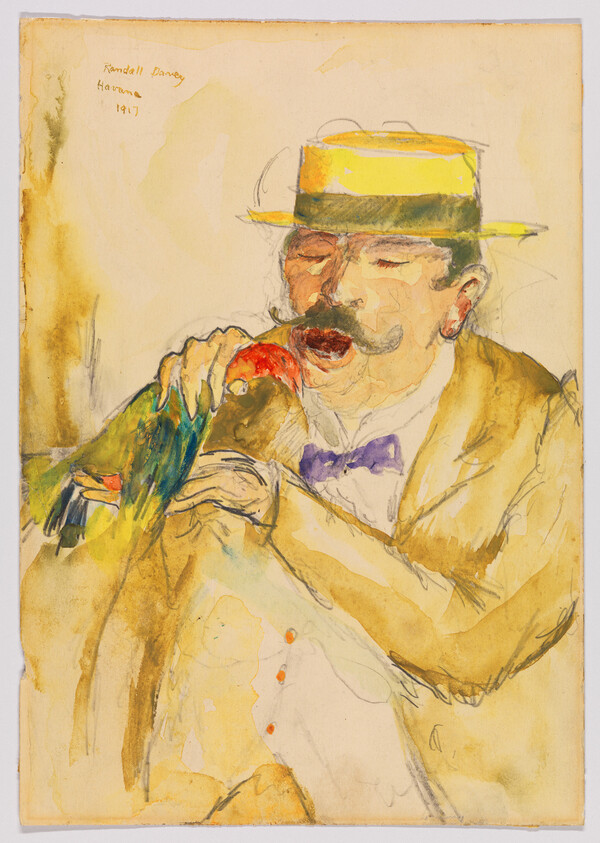 A watercolor painting depicting a man in a straw hat and suit holding a colorful parrot close to his face, as if listening to it, with the artist's signature and the date 1917 in the top left corner.