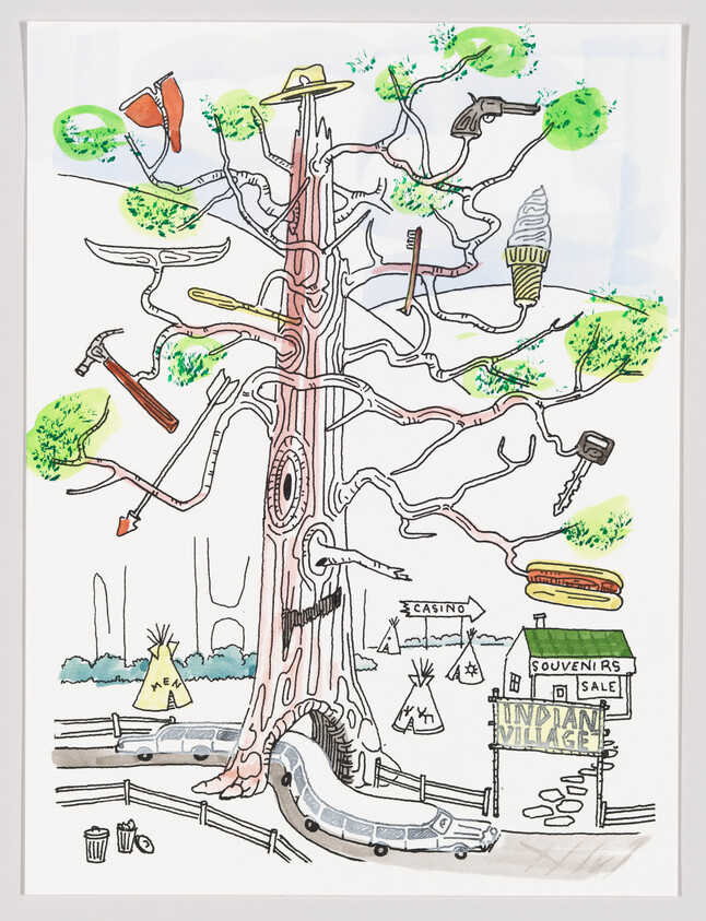 Large tree with everyday objects hanging from its branches above an entrance to an Indian Village souvenir area.