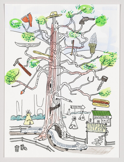 Large tree with everyday objects hanging from its branches above an entrance to an Indian Village souvenir area.