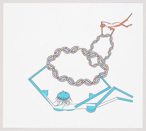 A bird-like figure pulls a twisted DNA strand from a blue chamber holding a small jellyfish organism.
