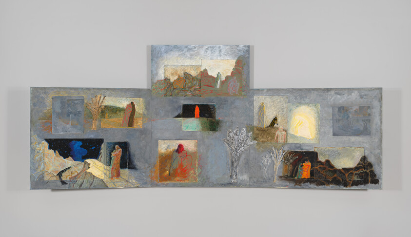 Wide multi-panel painting showing small narrative scenes with solitary figures, trees, and glowing light.