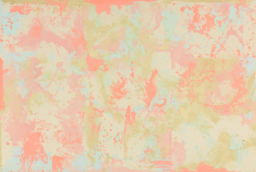 Soft pastel paint splatters and washes create an abstract textured background in pink, mint, and beige.